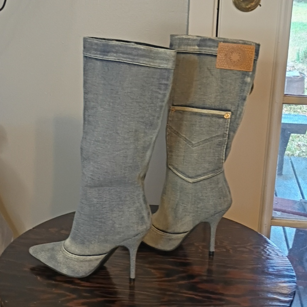 Cape Robbin Light Blue Denim Knee-High Stiletto Boots W/Pockets